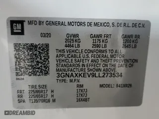 2020 Chevrolet Equinox LT with VIN 3GNAXKEV9LL273534, listed as a Copart auction lot 88319075 with 59,385 mi miles and Salvage Title. Bid and sale history available at carsss.com. Image 15.