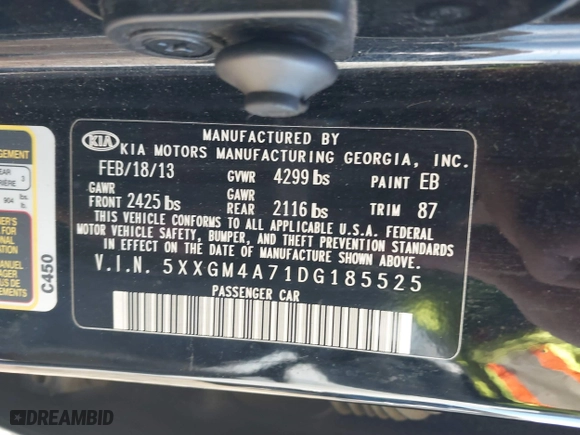 2013 Kia Optima LX with VIN 5XXGM4A71DG185525, listed as a IAAI auction lot 40803086 with 171,741 mi miles. Bid and sale history available at carsss.com. Image 9.
