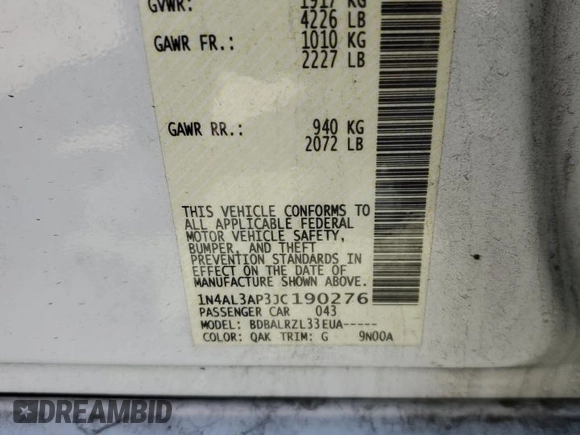 2018 Nissan Altima S with VIN 1N4AL3AP3JC190276, listed as a Copart auction lot 47260695 with 96,376 mi miles and Salvage Title. Bid and sale history available at DreamBid. Image 12.
