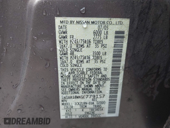 2005 Nissan Pathfinder SE with VIN 5N1AR18WX5C779157, listed as a IAAI auction lot 40363768 with 172,167 mi miles and . Bid and sale history available at DreamBid. Image 9.