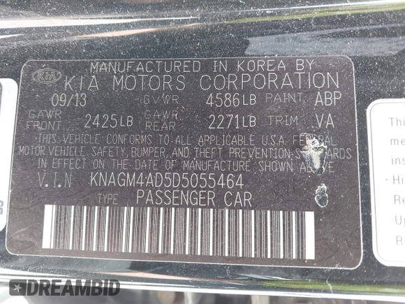 2013 Kia Optima Hybrid EX with VIN KNAGM4AD5D5055464, listed as a IAAI auction lot 42114901 with 140,652 mi miles. Bid and sale history available at carsss.com. Image 9.