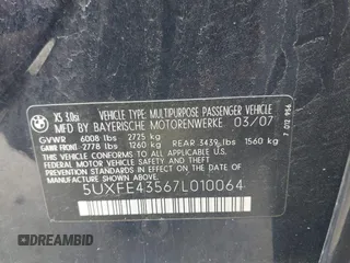 2007 BMW X5 3.0si z VIN 5UXFE43567L010064, wystawiony jako IAAI lot #42288799 z przebiegiem Nie podano mil oraz . Historia ofert i sprzedaży dostępna na DreamBid. Obrazek 9.