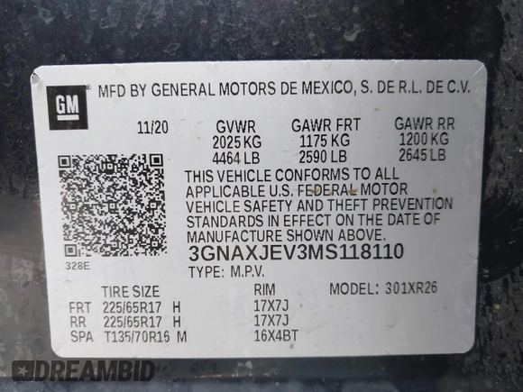2021 Chevrolet Equinox LT with VIN 3GNAXJEV3MS118110, listed as a IAAI auction lot 41572261 with 79,673 mi miles and . Bid and sale history available at DreamBid. Image 9.