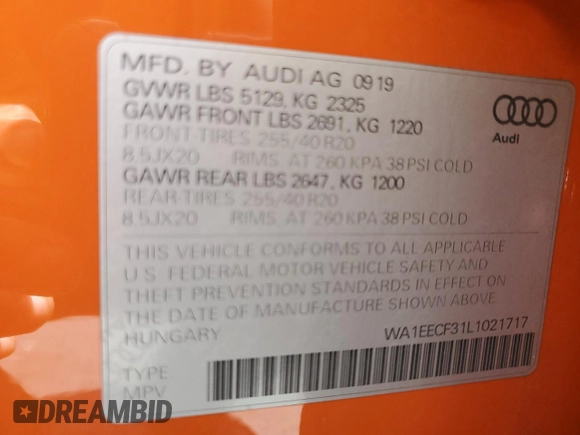 2020 Audi Q3 S line Premium Plus with VIN WA1EECF31L1021717, listed as a Copart auction lot 62613915 with 58,247 mi miles and Salvage title. Bid and sale history available at DreamBid. Image 13.