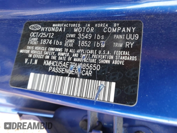 2013 Hyundai Accent SE z VIN KMHCU5AE7DU085650, wystawiony jako IAAI lot #42082694 z przebiegiem 115 506 mil mil oraz . Historia ofert i sprzedaży dostępna na DreamBid. Obrazek 9.