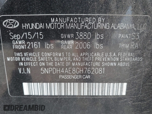2016 Hyundai Elantra SE with VIN 5NPDH4AE8GH762081, listed as a IAAI auction lot 42549545 with 69,586 mi miles and . Bid and sale history available at DreamBid. Image 9.
