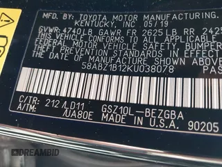 2019 Lexus ES 350 with VIN 58ABZ1B12KU038078, listed as a IAAI auction lot 42143836 with 50,741 mi miles and . Bid and sale history available at DreamBid. Image 9.
