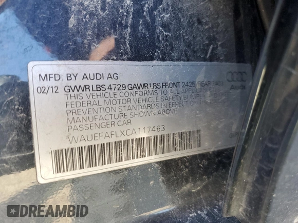 2012 Audi A4 2.0T Premium Plus with VIN WAUEFAFLXCA117463, listed as a Copart auction lot 45972935 with 107,724 mi miles and Salvage Title. Bid and sale history available at carsss.com. Image 13.