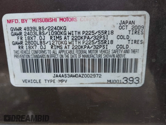 2010 Mitsubishi Outlander SE with VIN JA4AS3AW0AZ002972, listed as a IAAI auction lot 42220473 with 225,584 mi miles and . Bid and sale history available at DreamBid. Image 9.