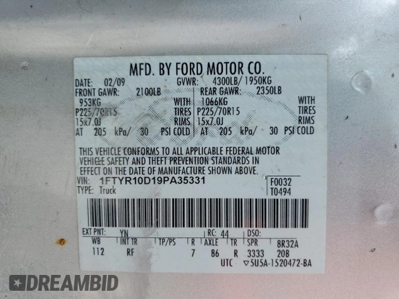 2009 Ford Ranger XL with VIN 1FTYR10D19PA35331, listed as a Copart auction lot 62268685 with 179,459 mi miles and Clean title. Bid and sale history available at DreamBid. Image 12.