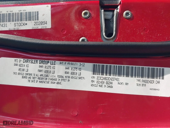 2012 Dodge Charger SE with VIN 2C3CDXBG3CH237431, listed as a IAAI auction lot 41864591 with 103,247 mi miles. Bid and sale history available at carsss.com. Image 9.