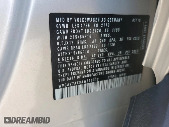 2010 Volkswagen Tiguan S with VIN WVGAV7AX9AW519312, listed as a Copart auction lot 48633055 with 94,740 mi miles and Salvage title. Bid and sale history available at DreamBid. Image 14.