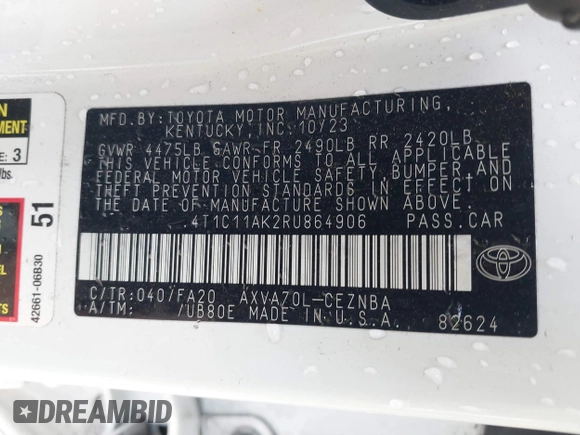 2024 Toyota Camry LE z VIN 4T1C11AK2RU864906, wystawiony jako IAAI lot #41638637 z przebiegiem 75 013 mil mil oraz . Historia ofert i sprzedaży dostępna na DreamBid. Obrazek 9.