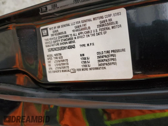 2003 Hummer H2 with VIN 5GRGN23U83H143843, listed as a Copart auction lot 43792915 with 115,569 mi miles and Salvage Title. Bid and sale history available at carsss.com. Image 14.