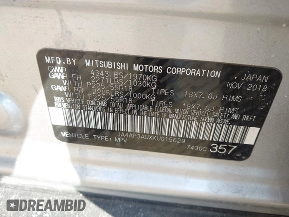2019 Mitsubishi Outlander Sport ES 2.0 with VIN JA4AP3AUXKU015629, listed as a IAAI auction lot 41805253 with 102,754 mi miles. Bid and sale history available at carsss.com. Image 9.
