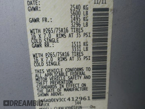 2012 Nissan Frontier SV with VIN 1N6AD0EV3CC412961, listed as a Copart auction lot 65332605 with 109,767 mi miles and Salvage title. Bid and sale history available at DreamBid. Image 12.