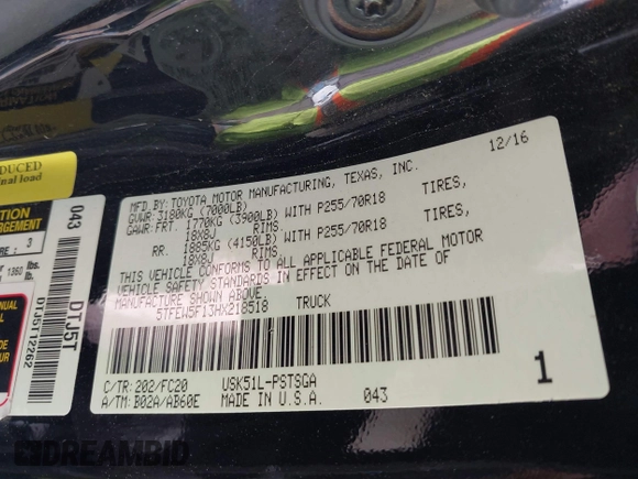 2017 Toyota Tundra 2WD SR5 with VIN 5TFEW5F13HX218518, listed as a IAAI auction lot 41281997 with 111,333 mi miles. Bid and sale history available at carsss.com. Image 9.