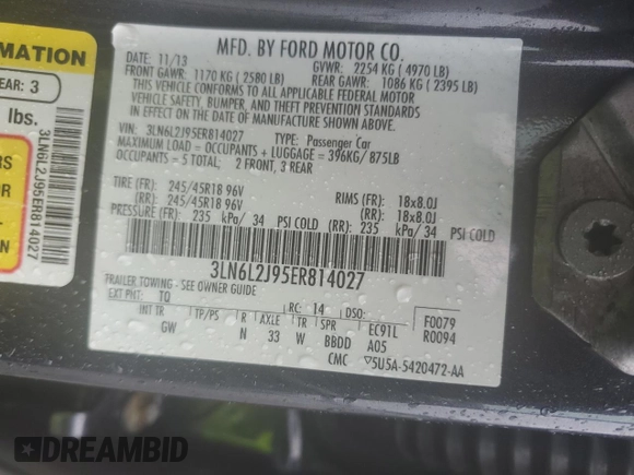 2014 Lincoln MKZ with VIN 3LN6L2J95ER814027, listed as a Copart auction lot 59532925 with 125,451 mi miles and Salvage title. Bid and sale history available at DreamBid. Image 12.