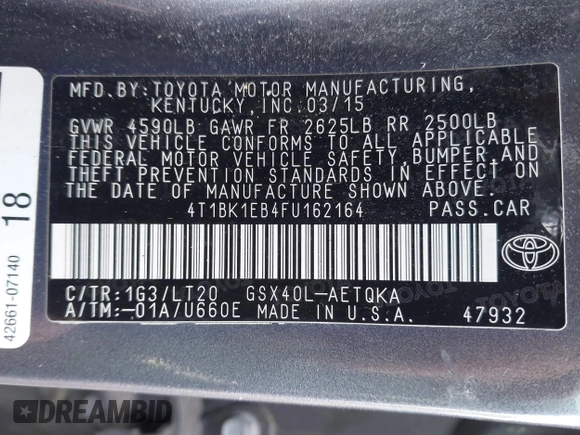 2015 Toyota Avalon Limited with VIN 4T1BK1EB4FU162164, listed as a IAAI auction lot 42041070 with 176,167 mi miles and . Bid and sale history available at DreamBid. Image 9.