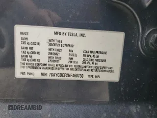 2022 Tesla Model Y Performance with VIN 7SAYGDEF2NF460730, listed as a Copart auction lot 54127945 with 59,735 mi miles and Salvage title. Bid and sale history available at DreamBid. Image 12.