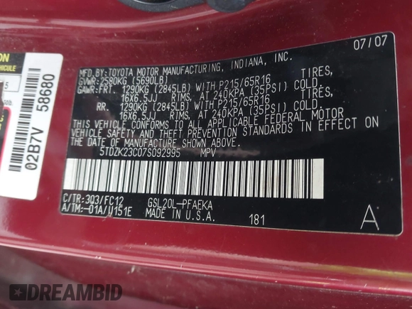 2007 Toyota Sienna CE with VIN 5TDZK23C07S092995, listed as a IAAI auction lot 41824350 with 181,356 mi miles and . Bid and sale history available at DreamBid. Image 9.
