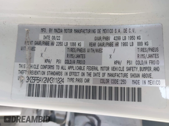 2022 Mazda 3 2.5 Turbo with VIN 3MZBPBAY2NM311824, listed as a IAAI auction lot 41038030 with 21,669 mi miles and . Bid and sale history available at DreamBid. Image 9.