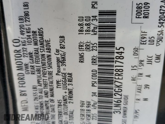 2014 Lincoln MKZ with VIN 3LN6L2GK7ER817845, listed as a Copart auction lot 59748945 with 176,295 mi miles and Salvage title. Bid and sale history available at DreamBid. Image 12.