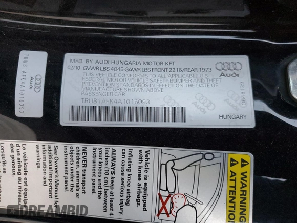 2010 Audi TTS 2.0T z VIN TRUB1AFK4A1016093, wystawiony jako Copart lot #87670355 z przebiegiem 157 248 mil mil oraz Szkoda całkowita • Salvage title. Historia ofert i sprzedaży dostępna na DreamBid. Obrazek 12.