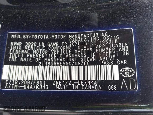 2016 Toyota Corolla L with VIN 2T1BURHE5GC709766, listed as a IAAI auction lot 42439694 with 78,907 mi miles and . Bid and sale history available at DreamBid. Image 9.
