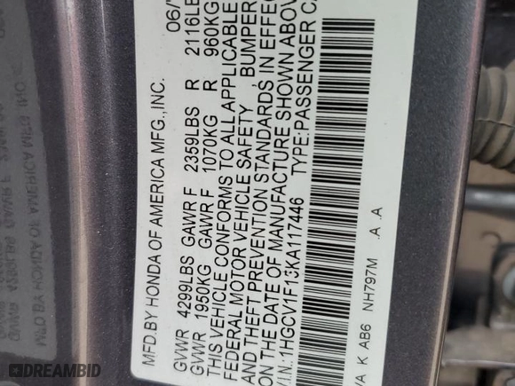 2019 Honda Accord Sedan LX 1.5T with VIN 1HGCV1F15KA117446, listed as a Copart auction lot 48133015 with 96,615 mi miles and Clean Title. Bid and sale history available at carsss.com. Image 12.