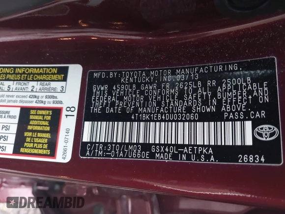 2013 Toyota Avalon XLE with VIN 4T1BK1EB4DU032060, listed as a IAAI auction lot 41967733 with 51,081 mi miles and . Bid and sale history available at DreamBid. Image 9.