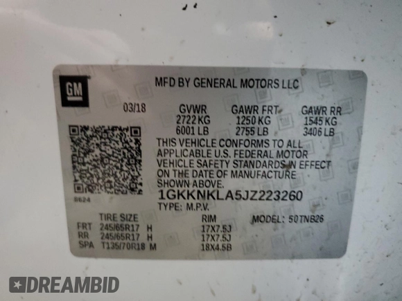 2018 GMC Acadia SLE with VIN 1GKKNKLA5JZ223260, listed as a Copart auction lot 47438605 with 87,384 mi miles and Clean Title. Bid and sale history available at carsss.com. Image 13.