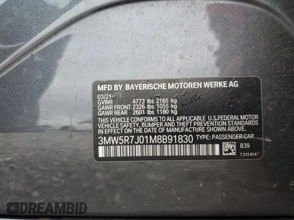 2021 BMW 3 Series 330i xDrive z VIN 3MW5R7J01M8B91830, wystawiony jako Copart lot #58572595 z przebiegiem Nie podano mil oraz Szkoda całkowita • Salvage title. Historia ofert i sprzedaży dostępna na DreamBid. Obrazek 12.