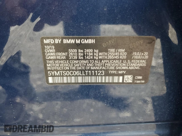 2020 BMW X3 M Competition с VIN 5YMTS0C06LLT11123, выставлен на аукционе Copart как лот 52618735 с пробегом 58 783 миль миль и Списание • Salvage title. История ставок и продаж доступна на DreamBid. Изображение 13.