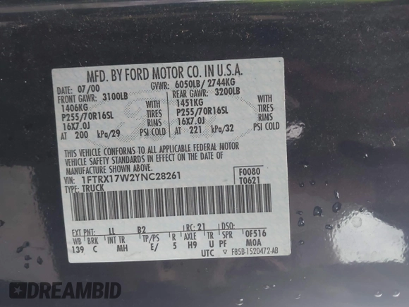 2000 Ford F-150 XL with VIN 1FTRX18W9YNA63551, listed as a IAAI auction lot 41446703 with Not provided miles and . Bid and sale history available at DreamBid. Image 9.