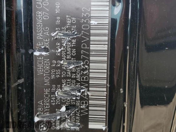 2007 BMW 3 Series 328i z VIN WBAWB33577PV70332, wystawiony jako Copart lot #59119955 z przebiegiem 149 705 mil mil oraz Szkoda całkowita • Salvage title. Historia ofert i sprzedaży dostępna na DreamBid. Obrazek 12.