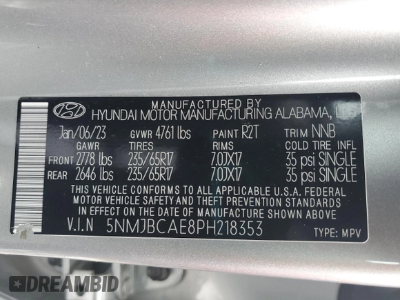 2023 Hyundai Tucson SEL with VIN 5NMJBCAE8PH218353, listed as a Copart auction lot 43080365 with 50,369 mi miles and Salvage Title. Bid and sale history available at carsss.com. Image 14.