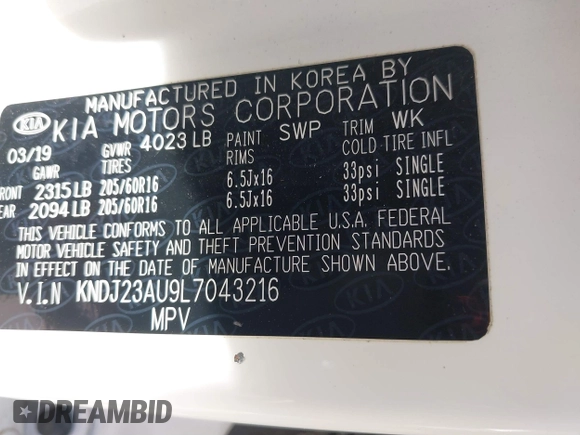 2020 Kia Soul S with VIN KNDJ23AU9L7043216, listed as a IAAI auction lot 41842726 with 97,170 mi miles and . Bid and sale history available at DreamBid. Image 9.