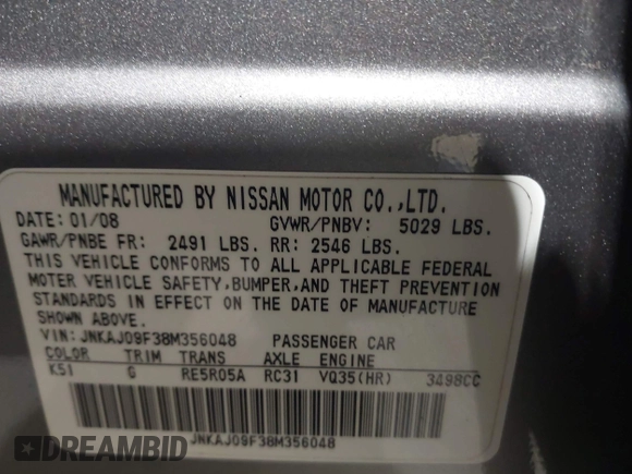 2008 Infiniti EX Journey with VIN JNKAJ09F38M356048, listed as a IAAI auction lot 41984628 with 125,714 mi miles and . Bid and sale history available at DreamBid. Image 9.