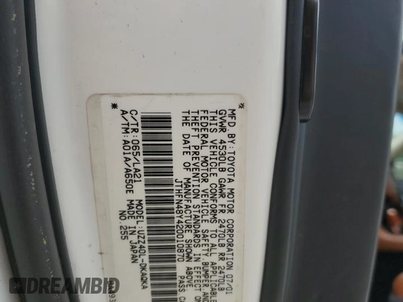 2002 Lexus SC 430 z VIN JTHFN48Y420010870, wystawiony jako Copart lot #58817105 z przebiegiem 131 964 mil mil oraz Szkoda całkowita • Salvage title. Historia ofert i sprzedaży dostępna na DreamBid. Obrazek 12.