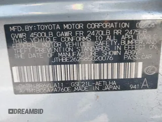 2008 Lexus IS 350 with VIN JTHBE262585020076, listed as a IAAI auction lot 41858756 with 98,045 mi miles and . Bid and sale history available at DreamBid. Image 9.
