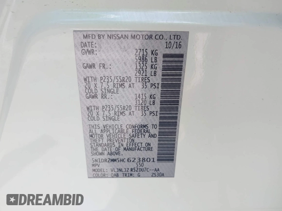2017 Nissan Pathfinder SL with VIN 5N1DR2MM5HC623801, listed as a IAAI auction lot 42142474 with 110,175 mi miles and . Bid and sale history available at DreamBid. Image 9.