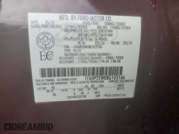 2011 Ford Taurus SEL with VIN 1FAHP2EW0BG103166, listed as a Copart auction lot 67735614 with 81,214 mi miles and Non Repairable. Bid and sale history available at DreamBid. Image 12.