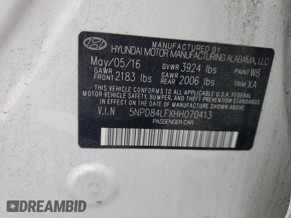 2017 Hyundai Elantra Limited with VIN 5NPD84LFXHH070413, listed as a Copart auction lot 52013365 with 78,761 mi miles and Salvage title. Bid and sale history available at DreamBid. Image 14.