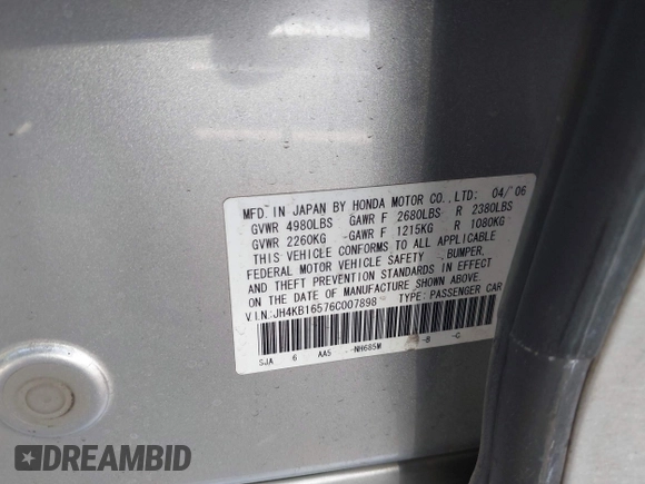 2006 Acura RL with VIN JH4KB16576C007898, listed as a IAAI auction lot 42690972 with 184,655 mi miles and . Bid and sale history available at DreamBid. Image 9.