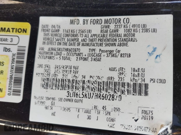 2017 Lincoln MKZ Hybrid Premiere with VIN 3LN6L5KU7HR602870, listed as a IAAI auction lot 42224306 with 238,069 mi miles and . Bid and sale history available at DreamBid. Image 9.
