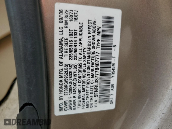 2007 Honda Odyssey EX-L with VIN 5FNRL38777B407777, listed as a Copart auction lot 54193005 with 170,470 mi miles and Salvage Title. Bid and sale history available at carsss.com. Image 13.