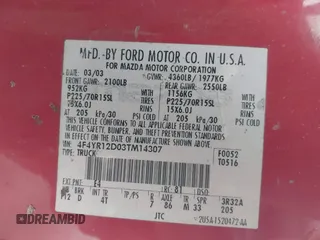 2003 Mazda B-Series Truck SX with VIN 4F4YR12D03TM14307, listed as a IAAI auction lot 41808811 with 153,476 mi miles and . Bid and sale history available at DreamBid. Image 9.