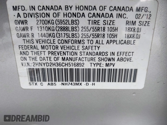 2012 Acura MDX Tech Pkg with VIN 2HNYD2H36CH516892, listed as a IAAI auction lot 41956558 with 162,318 mi miles. Bid and sale history available at carsss.com. Image 9.