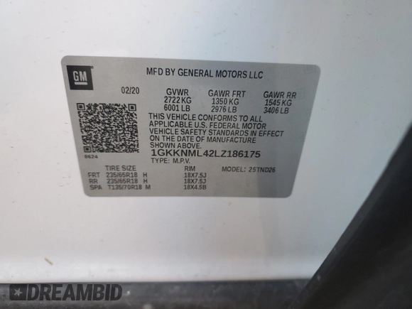 2020 GMC Acadia SLT with VIN 1GKKNML42LZ186175, listed as a Copart auction lot 85871914 with 80,496 mi miles and Salvage Title. Bid and sale history available at DreamBid. Image 12.